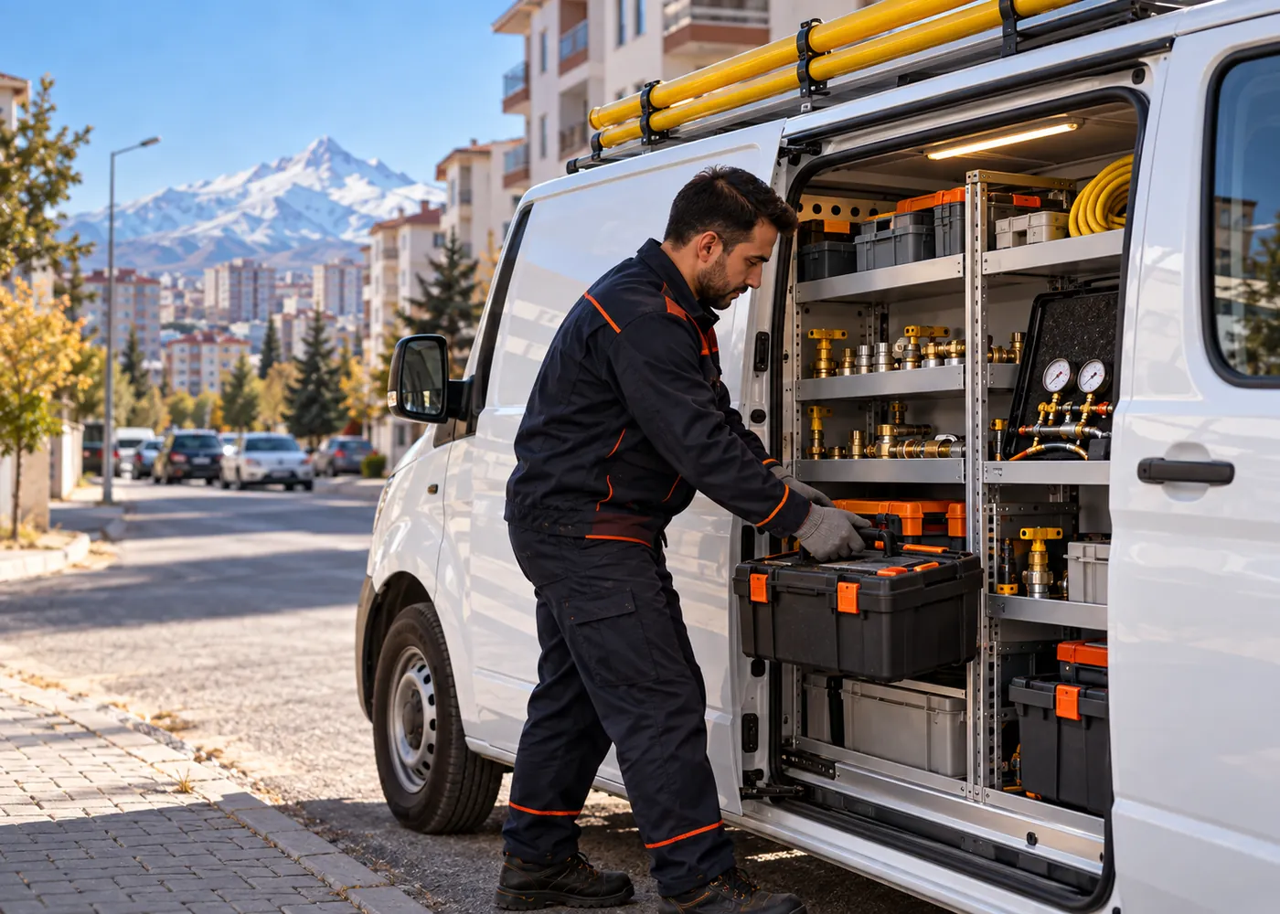 Yan kapısı açık, raflı ve düzenli servis aracı