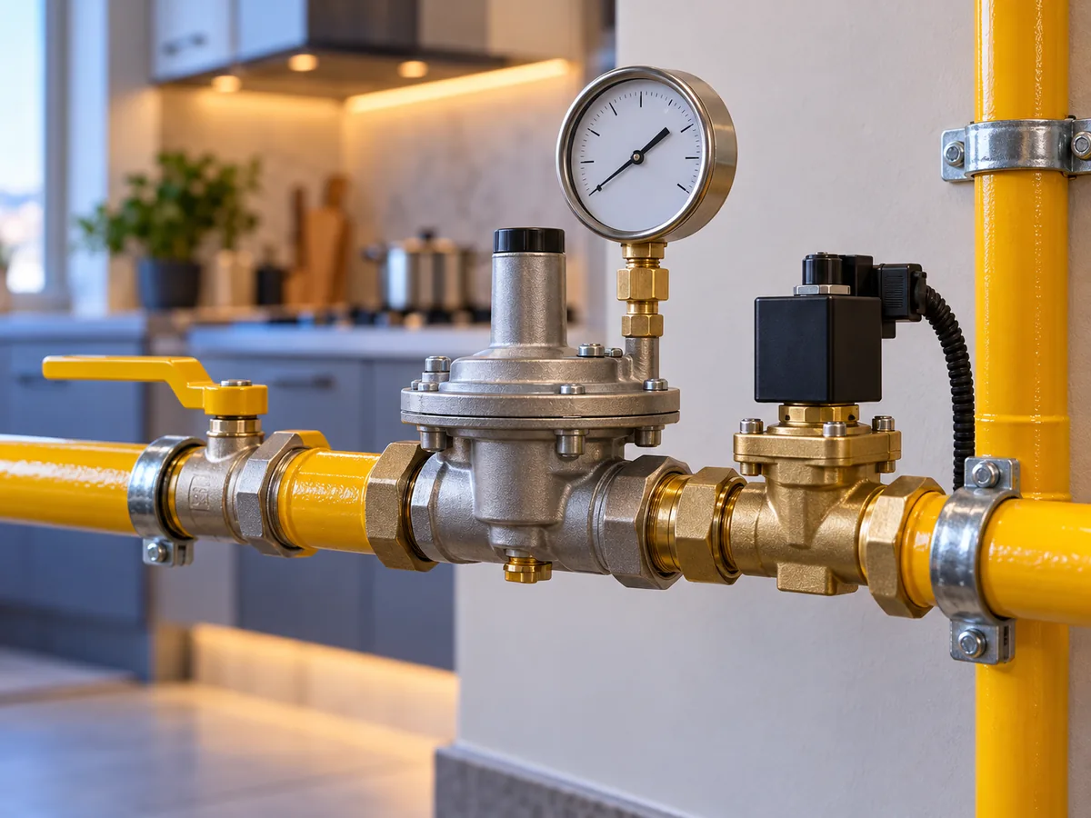 İşletme mutfağında doğalgaz regülatörü ve basınç göstergesi