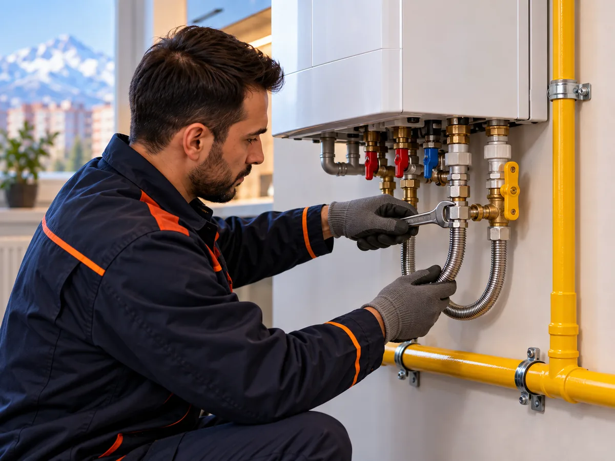 Yeni kombinin altındaki gaz ve su bağlantıları